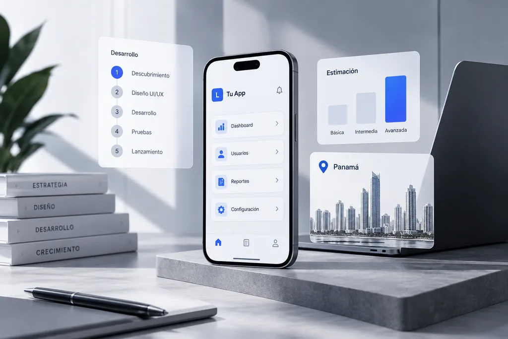 Celular con una aplicación empresarial rodeado de tarjetas con las etapas de desarrollo, niveles de estimación y la ciudad de Panamá